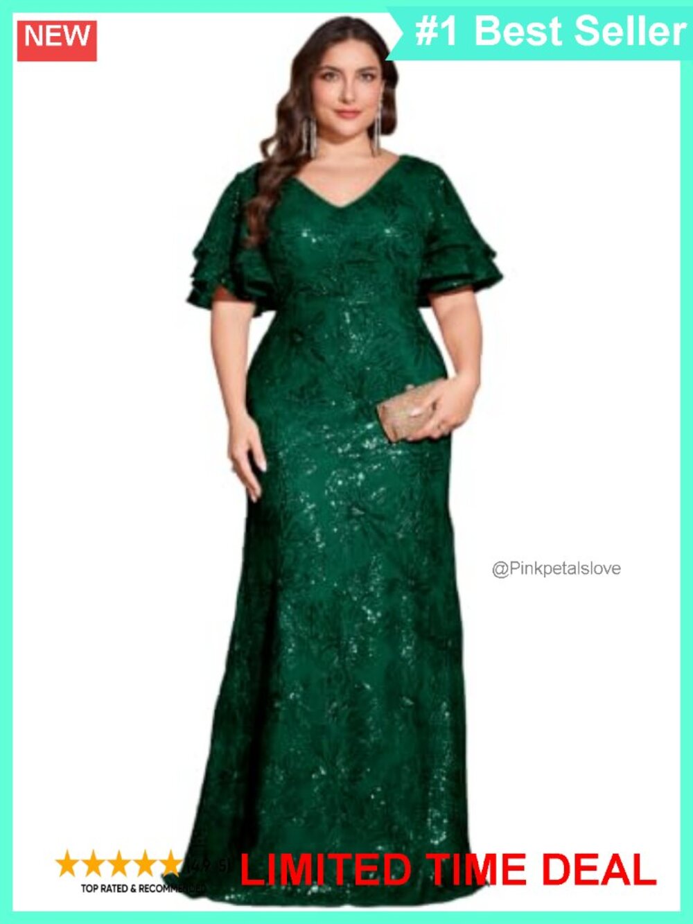 Plus Size Sequin Floral Mermaid Evening Gown Ruffle Sleeves